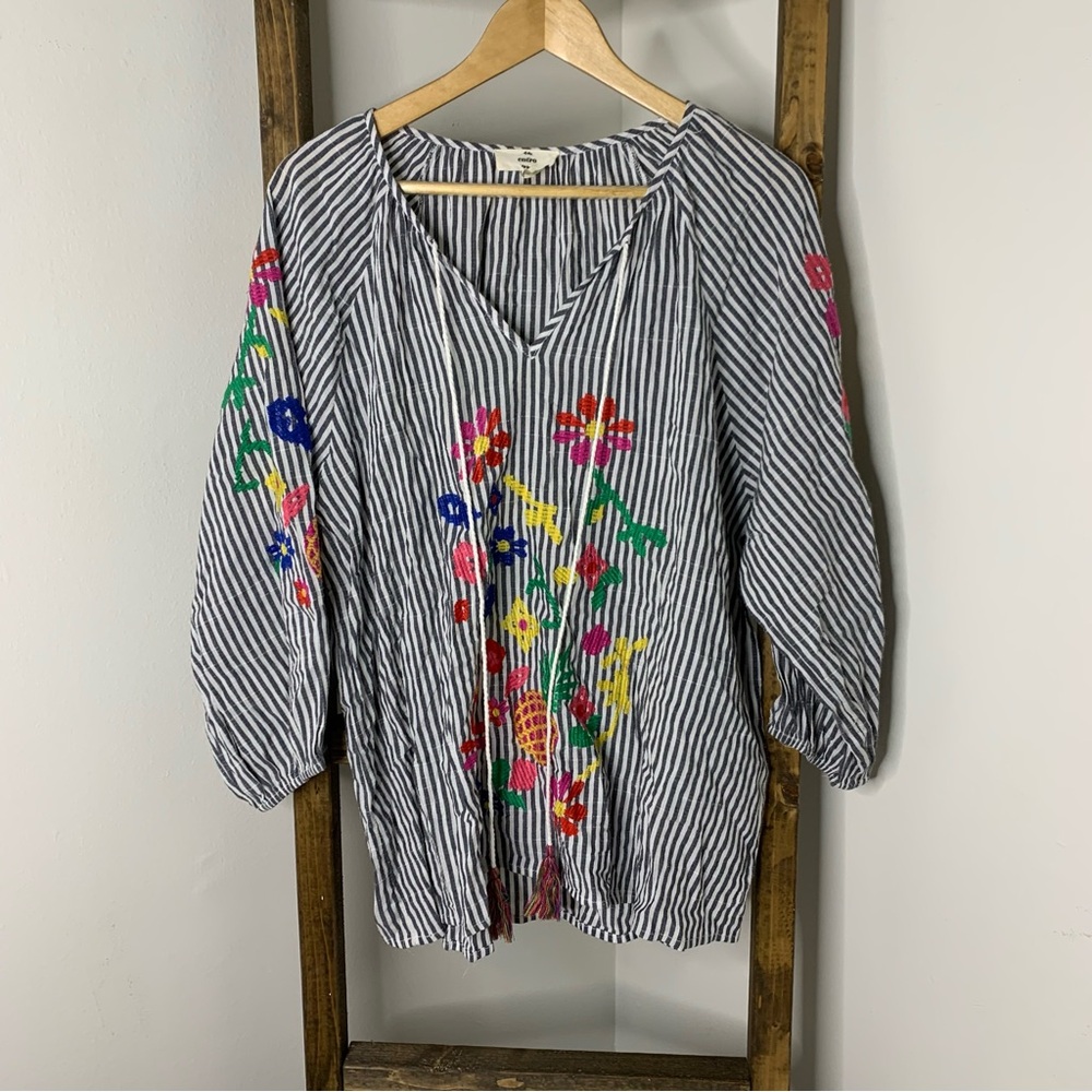 Entro Embroidered Black and White Striped Floral Blouse Size L